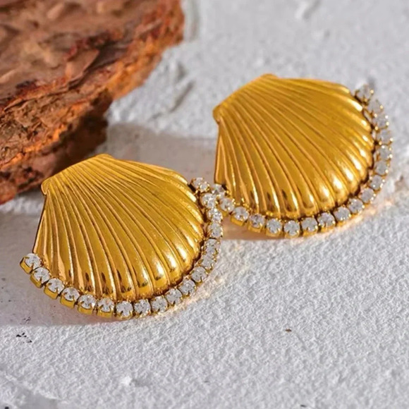 Seashell 18K Gold Stainless Steel Waterproof Crystal Earrings - Picture 6 of 13